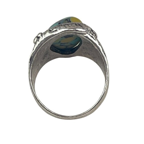 Vintage-Style Silver Ring Teardrop Turquoise Stone Engraved Feathers Boho Sz 10 - Picture 3 of 8
